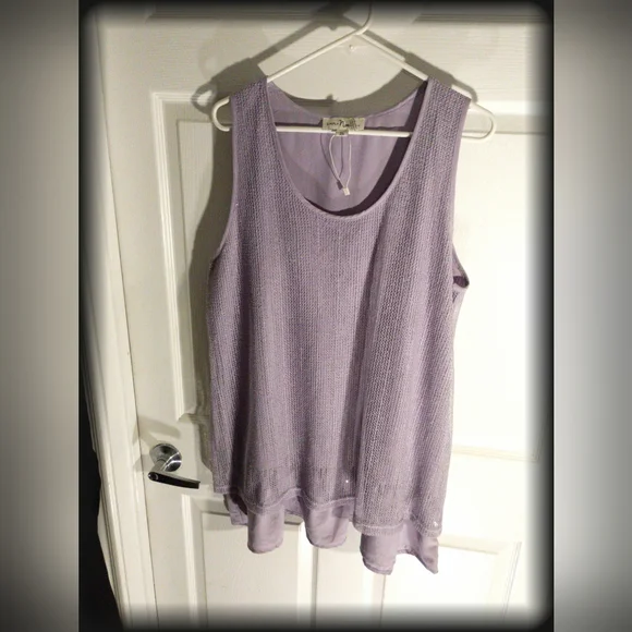 🦩SIMPLY NOELLE Plus Size Pullover Sleeveless Tunic Tank Lavender Mesh Overlay - Picture 9 of 16